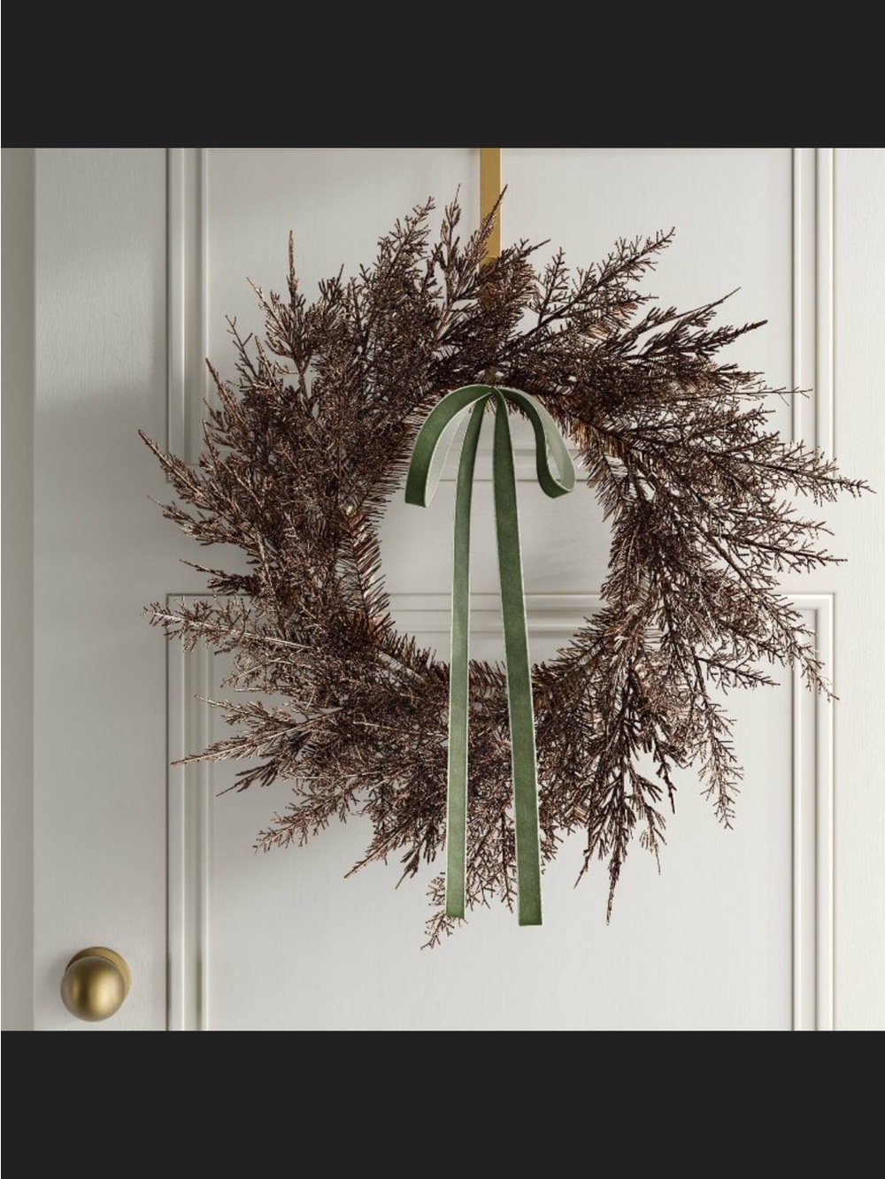 22” Rustic Copper Cedar Holiday Wreath with Green Velvet Ribbon - Picture 2 of 3